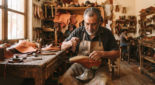 Editorial photograph of an artisan cobbler in a sun-drenched Leon Guanajuato workshop, carefully hand-stitching a flexible barefoot shoe sole with waxed linen thread. Traditional wooden lasting tables, brass shoemaker hammers, and tanned raw hides in rich terracotta and sienna tones, warm atmospheric artisan workshop aesthetic.