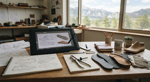 Design studio desk in Colorado with architectural sketches of barefoot shoe lasts, digital CAD tablets, foot biomechanics calipers, and samples of sustainable rubber soles bathed in natural clean studio light.