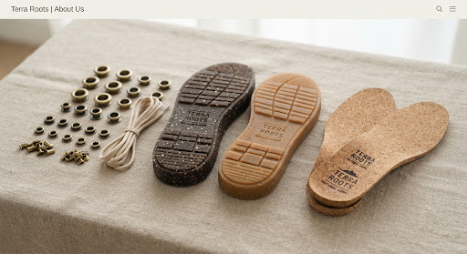 Carefully arranged sustainable shoe components: recycled vulcanized rubber outsoles, organic vegetable cork insoles, and solid brass eyelets displayed against neutral sand linen surface.