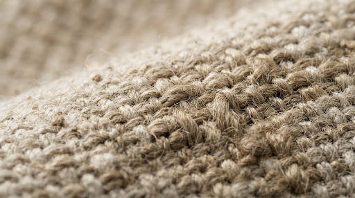Textile macro photo featuring raw unbleached organic cotton canvas and natural woven hemp fibers, with soft earth tones of flax, oatmeal, and raw ecru, soft side lighting highlighting natural tactile weave.