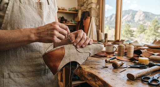 Artisan hands carefully hand-stitching minimalist natural zero-drop footwear upper on an organic wooden workbench in Boulder Colorado, warm earthy daylight and raw sustainable linen leather textures.